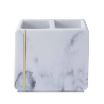 Oro Streak Marble Toothbrush Holder Brass Accent 2-Compartment 4.5" x 2.5" x 4.25