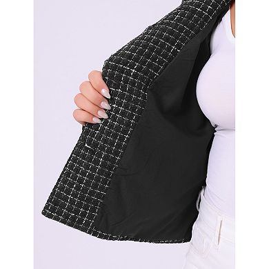 Plus Size Tweed Jackets for Women Long Sleeve Button Down Casual Cropped Jacket with Pockets