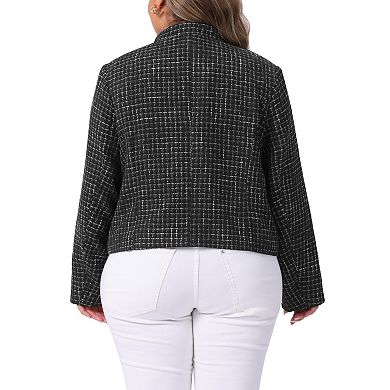 Plus Size Tweed Jackets for Women Long Sleeve Button Down Casual Cropped Jacket with Pockets