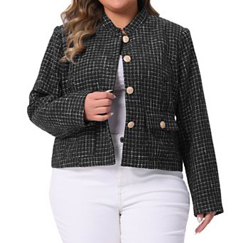 Plus Size Tweed Jackets for Women Long Sleeve Button Down Casual Cropped Jacket with Pockets