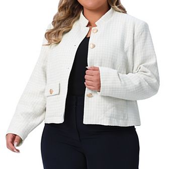 Plus Size Tweed Jackets for Women Long Sleeve Button Down Casual Cropped Jacket with Pockets