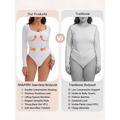 Women's Long Sleeve Bodysuit Slim Fit V Neck Tummy Control Brief Shapewear