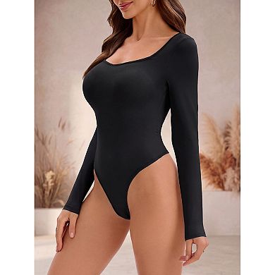 Women's Long Sleeve Bodysuit Slim Fit V Neck Tummy Control Brief Shapewear