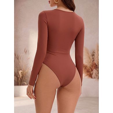 Women's Long Sleeve Bodysuit Slim Fit V Neck Tummy Control Brief Shapewear
