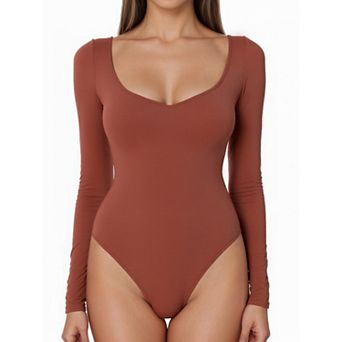 Women's Long Sleeve Bodysuit Slim Fit V Neck Tummy Control Brief Shapewear