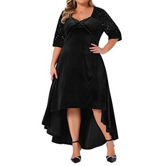 Women's Plus Size Velvet Dresses Sweetheart Neck Sequin Sleeve High Low Hem Party Maxi Formal Dress