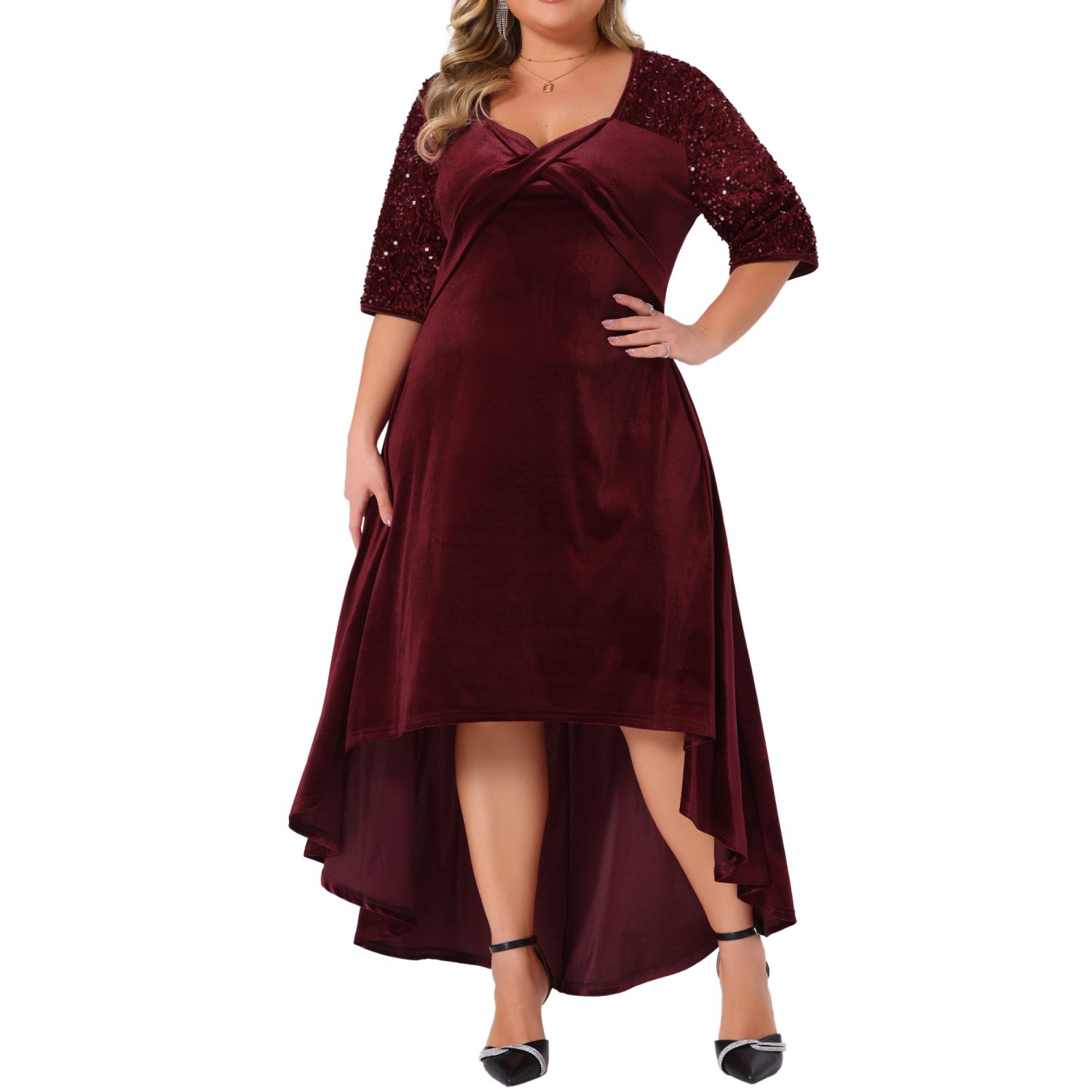 Women's Plus Size Velvet Dresses Sweetheart Neck Sequin Sleeve High Low Hem  Party Maxi Formal Dress