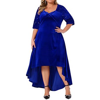 Women's Plus Size Velvet Dresses Sweetheart Neck Sequin Sleeve High Low Hem Party Maxi Formal Dress