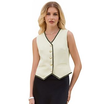 Women's Tweed Blazer Vest Sleeveless Button Down V Neck Casual Business Waistcoat