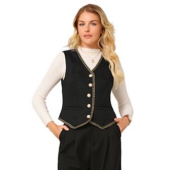 Women's Tweed Blazer Vest Sleeveless Button Down V Neck Casual Business Waistcoat