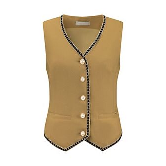 Women's Tweed Blazer Vest Sleeveless Button Down V Neck Casual Business Waistcoat