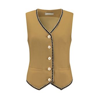 Women's Tweed Blazer Vest Sleeveless Button Down V Neck Casual Business Waistcoat