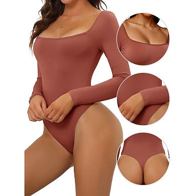 Women's Long Sleeve Bodysuit Slim Fit Square Neck Tummy Control Brief Leotard