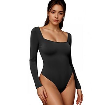 Women's Long Sleeve Bodysuit Slim Fit Square Neck Tummy Control Brief Leotard