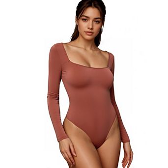 Women's Long Sleeve Bodysuit Slim Fit Square Neck Tummy Control Brief Leotard