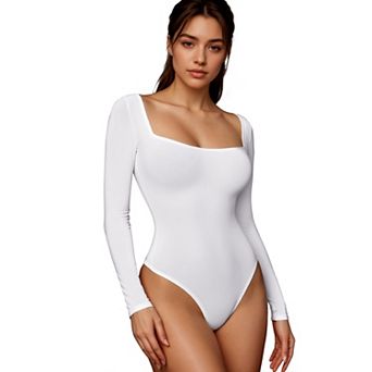 Women's Long Sleeve Bodysuit Slim Fit Square Neck Tummy Control Brief Leotard