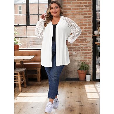 Plus Size Cardigans for Women Open Front Lace Panel Long Sleeve Sheer Lightweight Knit Cover Up
