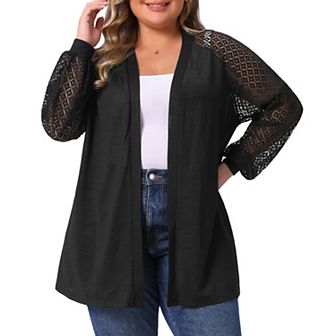 Plus Size Cardigans for Women Open Front Lace Panel Long Sleeve Sheer Lightweight Knit Cover Up