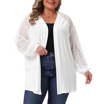 Plus Size Cardigans for Women Open Front Lace Panel Long Sleeve Sheer Lightweight Knit Cover Up