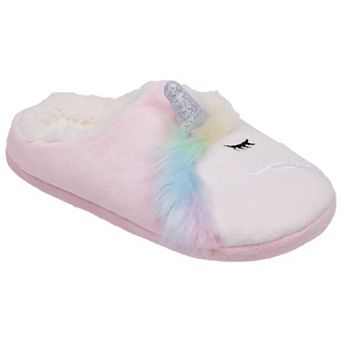 Capelli Unicorn Face Girls Faux Fur Scuff Slippers with 3D Parts & Soft Boa Applique