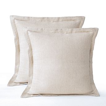 European Square Bed Pillows Set of 2, 100% Linen Herringbone with Flanged Edge