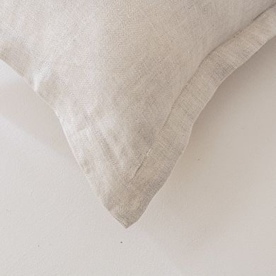 European Square Bed Pillows Set of 2, 100% Linen Herringbone with Flanged Edge