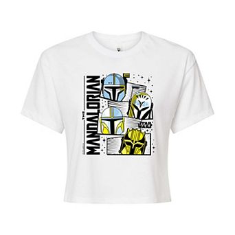 Juniors' Star Wars The Mandalorian Helmet Grid Graphic Cropped Tee