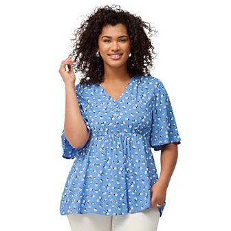 ellos Plus Size V-Neck Empire Tunic With Button Trim Placket