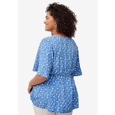ellos Plus Size V-Neck Empire Tunic With Button Trim Placket