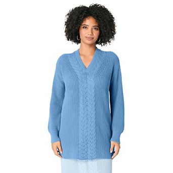 Roaman's Women's Plus Size Cable Knit V Neck Sweater