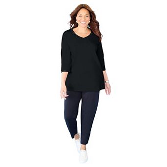 Catherines Women's Plus Size Suprema Studio 3/4 Sleeve Studded V-Neck Tee