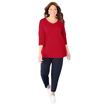 Catherines Women's Plus Size Suprema Studio 3/4 Sleeve Studded V-Neck Tee