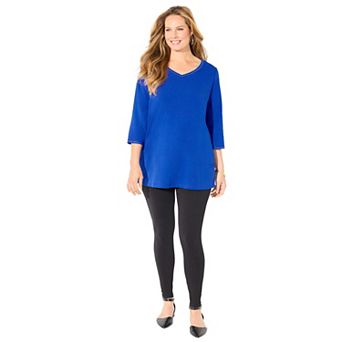 Catherines Women's Plus Size Suprema Studio 3/4 Sleeve Studded V-Neck Tee
