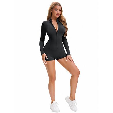Women's Long Sleeve Front Zip Basic Bodysuit High Neck Tummy Control Shapewear Leotard