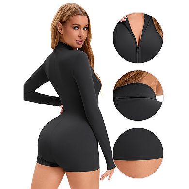 Women's Long Sleeve Front Zip Basic Bodysuit High Neck Tummy Control Shapewear Leotard