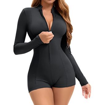 Women's Long Sleeve Front Zip Basic Bodysuit High Neck Tummy Control Shapewear Leotard