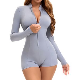 Women's Long Sleeve Front Zip Basic Bodysuit High Neck Tummy Control Shapewear Leotard
