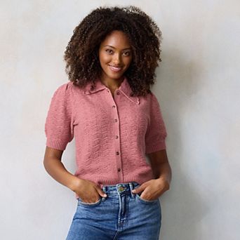 Petite LC Lauren Conrad Short Sleeve Pointelle Cardigan