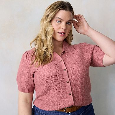 Plus Size LC Lauren Conrad Short Sleeve Pointelle Cardigan