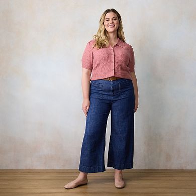 Plus Size LC Lauren Conrad Short Sleeve Pointelle Cardigan