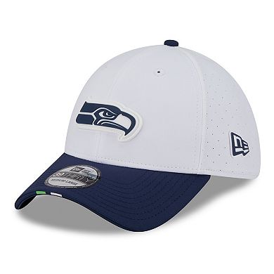 Men's New Era White/College Navy Seattle Seahawks 2025 NFL Training Camp 39THIRTY Flex Hat