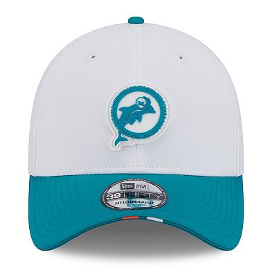 Men's New Era White/Aqua Miami Dolphins 2025 NFL Training Camp Throwback Logo 39THIRTY Flex Hat