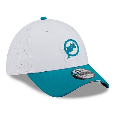 Men's New Era White/Aqua Miami Dolphins 2025 NFL Training Camp Throwback Logo 39THIRTY Flex Hat