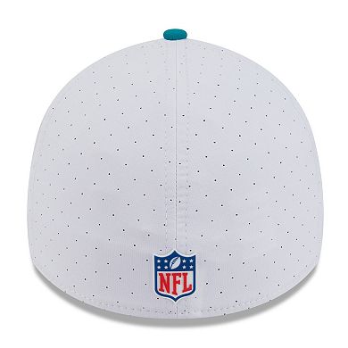 Men's New Era White/Aqua Miami Dolphins 2025 NFL Training Camp Throwback Logo 39THIRTY Flex Hat