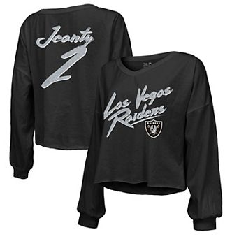 Women's Majestic Threads Ashton Jeanty Black Las Vegas Raiders 2025 NFL Draft First Round Pick Off-Shoulder Script Name & Number V-Neck T-Shirt