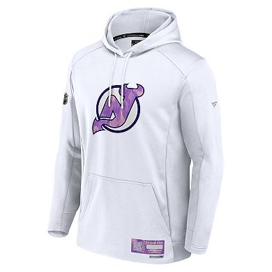 Men's Fanatics White New Jersey Devils Authentic Pro Hockey Fights Cancer Pullover Hoodie
