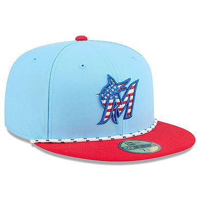 Men's New Era Light Blue/Red Miami Marlins 2025 Fourth of July 59FIFTY Fitted Hat