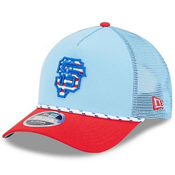 Men's New Era Light Blue/Red San Francisco Giants 2025 Fourth of July 9FORTY A-Frame M-Crown Adjustable Trucker Hat