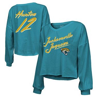 Women's Majestic Threads Travis Hunter Teal Jacksonville Jaguars Name & Number Off-Shoulder Script Cropped Long Sleeve Relaxed V-Neck T-Shirt