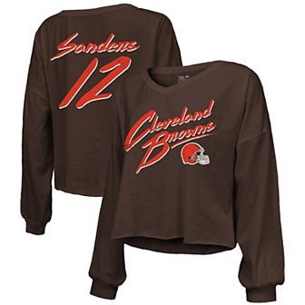 Women's Majestic Threads Shedeur Sanders Brown Cleveland Browns 2025 NFL Draft Off-Shoulder Script Name & Number V-Neck T-Shirt